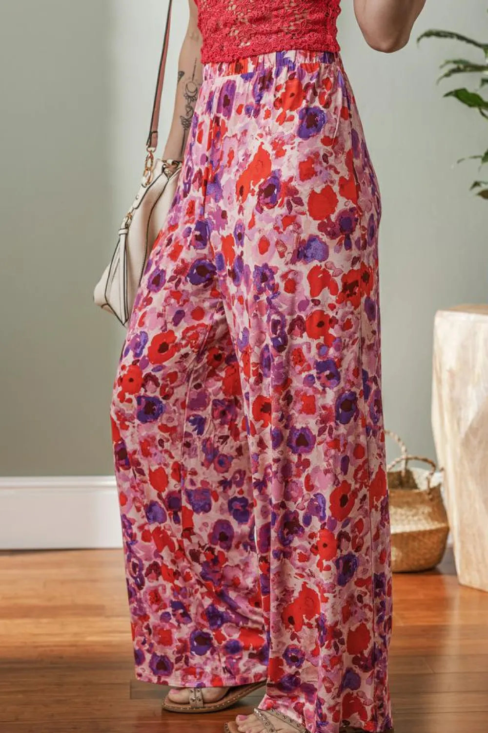 Sale Dear-Lover Floral Wide Leg Elastic High Waist Pants Purple