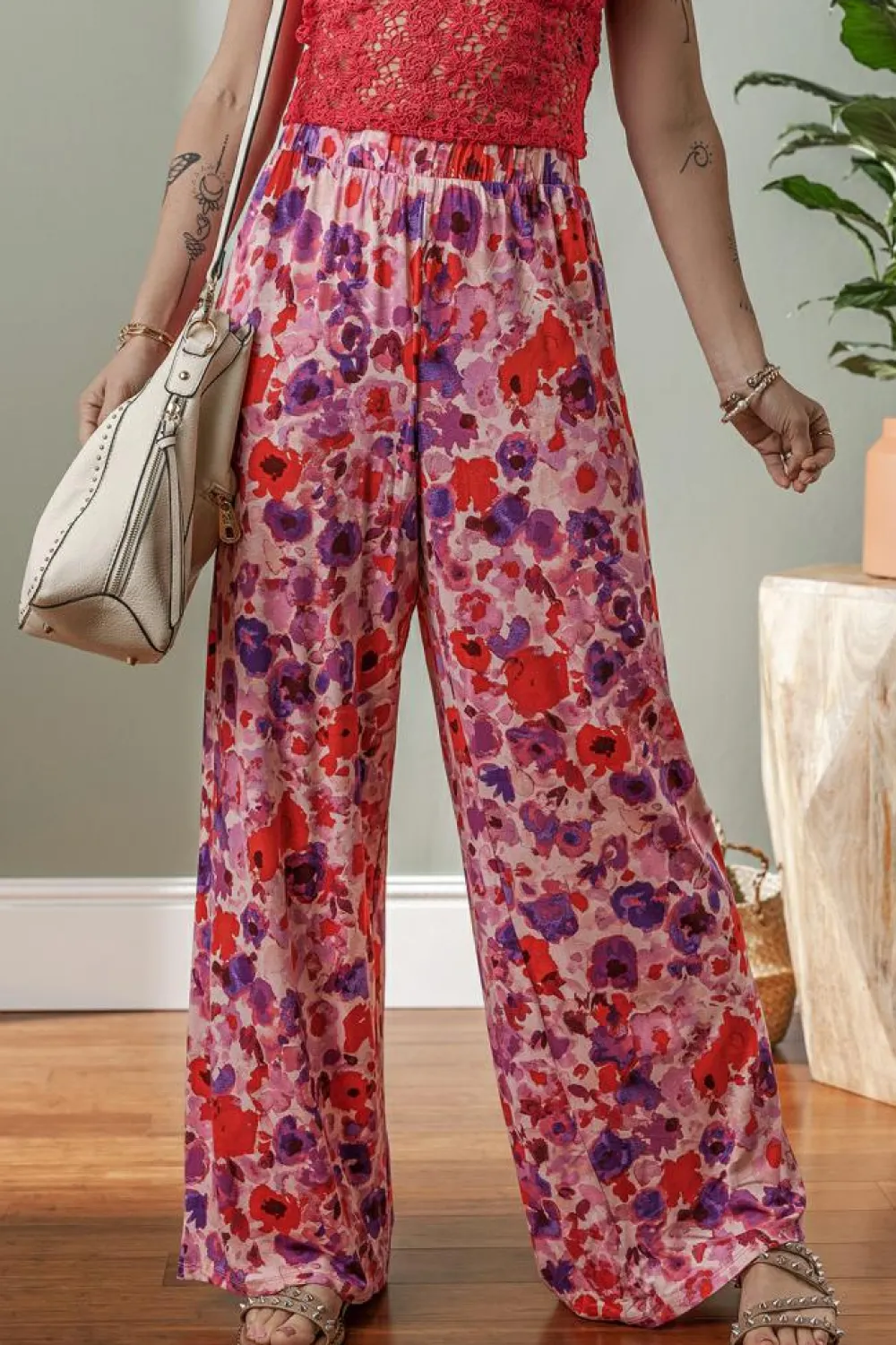 Sale Dear-Lover Floral Wide Leg Elastic High Waist Pants Purple