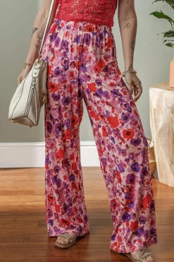 Sale Dear-Lover Floral Wide Leg Elastic High Waist Pants Purple