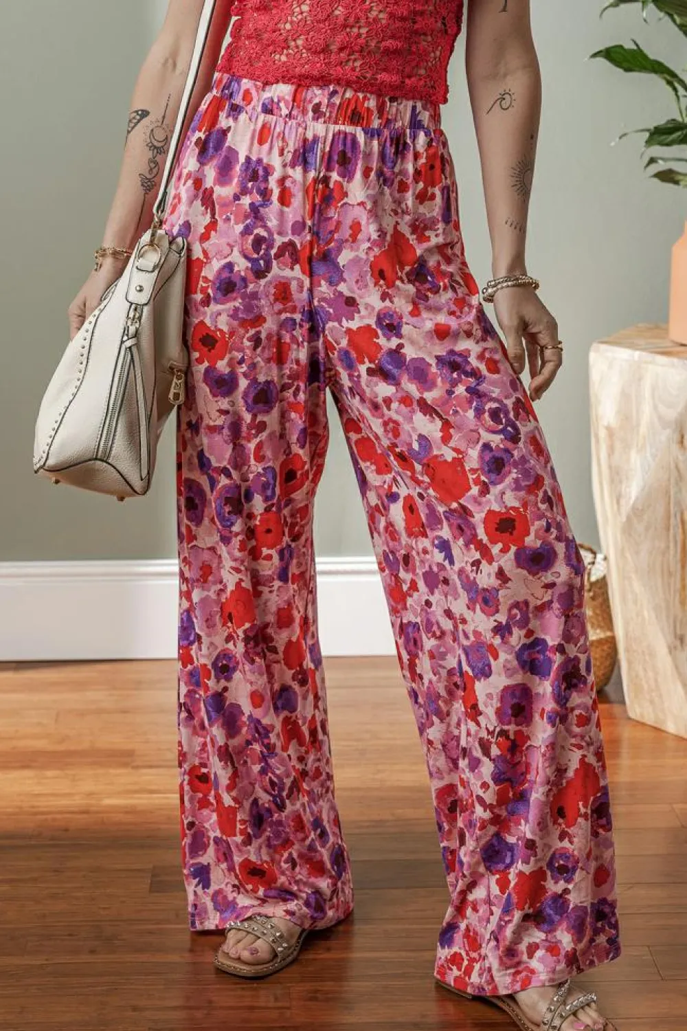 Sale Dear-Lover Floral Wide Leg Elastic High Waist Pants Purple