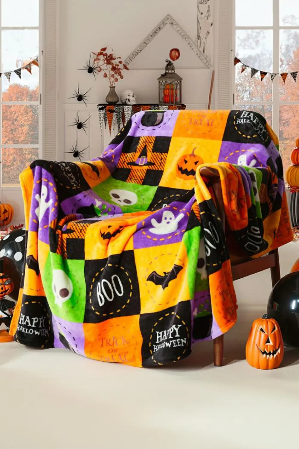 Discount Dear-Lover Halloween Patten Checkerboard Flannel Large Blanket Purple