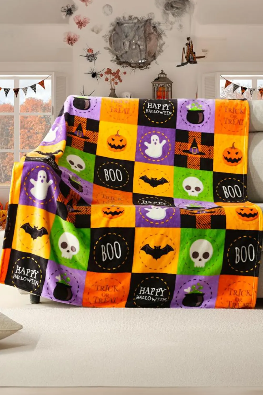 Discount Dear-Lover Halloween Patten Checkerboard Flannel Large Blanket Purple