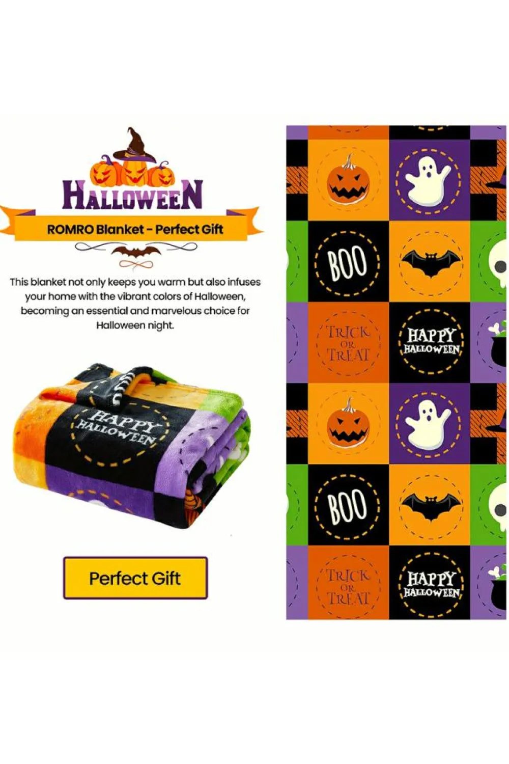 Discount Dear-Lover Halloween Patten Checkerboard Flannel Large Blanket Purple