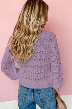 New Dear-Lover Lightweight Buttoned Front Crochet Cardigan Purple