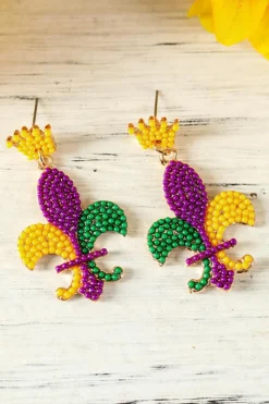 Clearance Dear-Lover Mardi Gras Beaded Earrings Purple