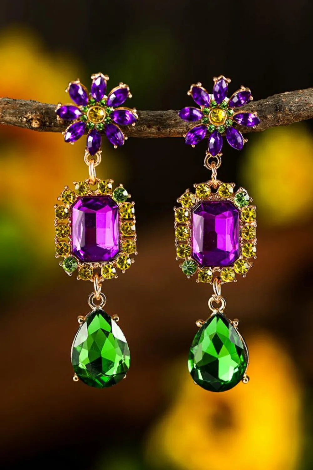 Best Dear-Lover Mardi Gras Diamond Flower Geometric Dangle Earrings Purple
