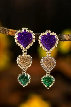 Clearance Dear-Lover Mardi Gras Shimmer Heart Earrings Purple