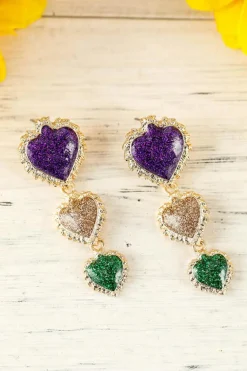 Clearance Dear-Lover Mardi Gras Shimmer Heart Earrings Purple