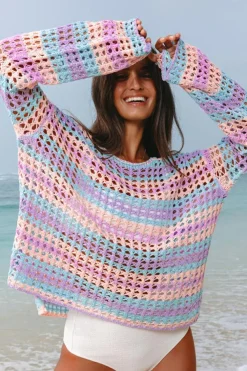 Outlet Dear-Lover Multi Stripe Open Knit Sweater Beach Cover Up Purple