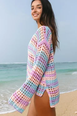 Outlet Dear-Lover Multi Stripe Open Knit Sweater Beach Cover Up Purple