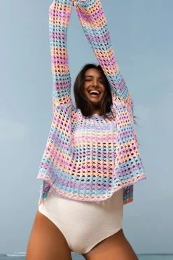 Outlet Dear-Lover Multi Stripe Open Knit Sweater Beach Cover Up Purple