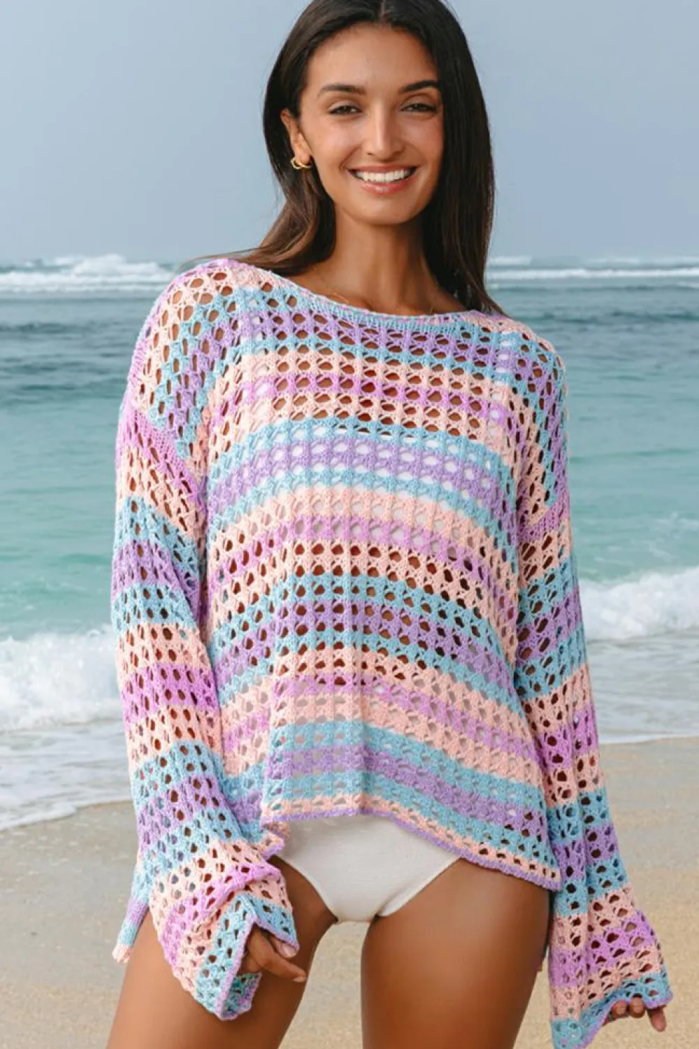 Outlet Dear-Lover Multi Stripe Open Knit Sweater Beach Cover Up Purple