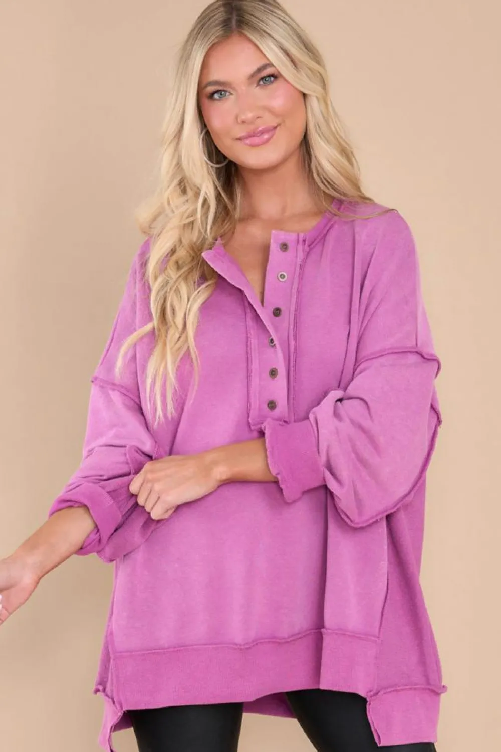 Online Dear-Lover Oversized Exposed Seam Henley Sweatshirt Purple