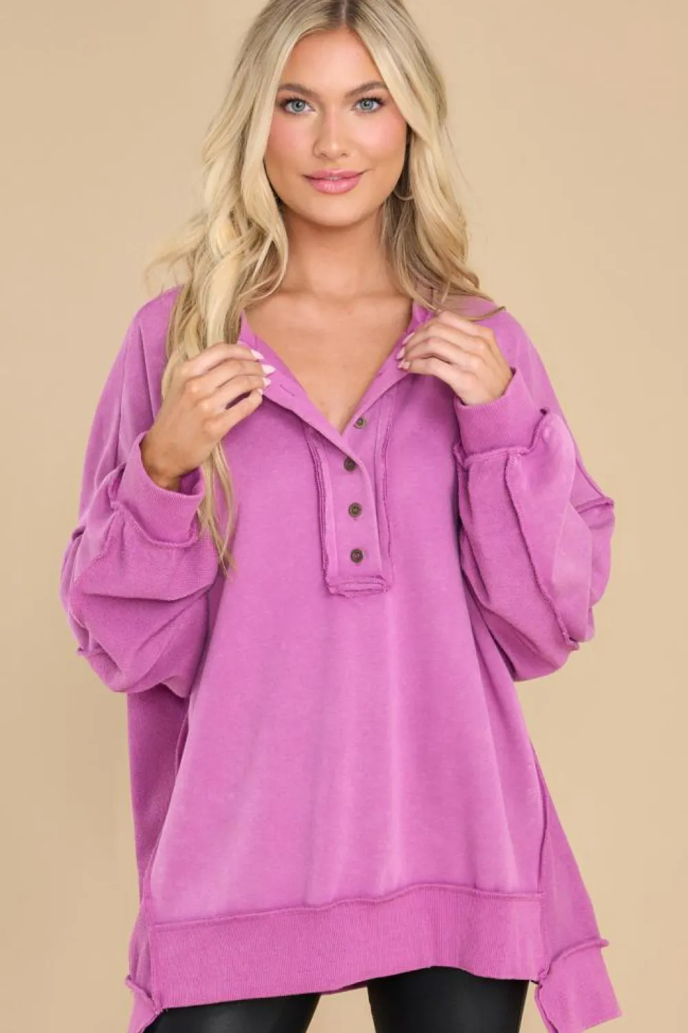 Online Dear-Lover Oversized Exposed Seam Henley Sweatshirt Purple