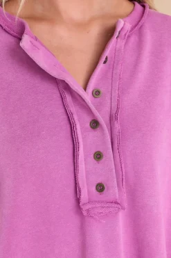 Online Dear-Lover Oversized Exposed Seam Henley Sweatshirt Purple