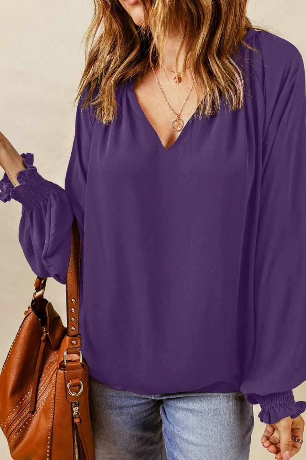 Best Dear-Lover Purple Pleated V Neck Puffy Sleeve Blouse Purple-2