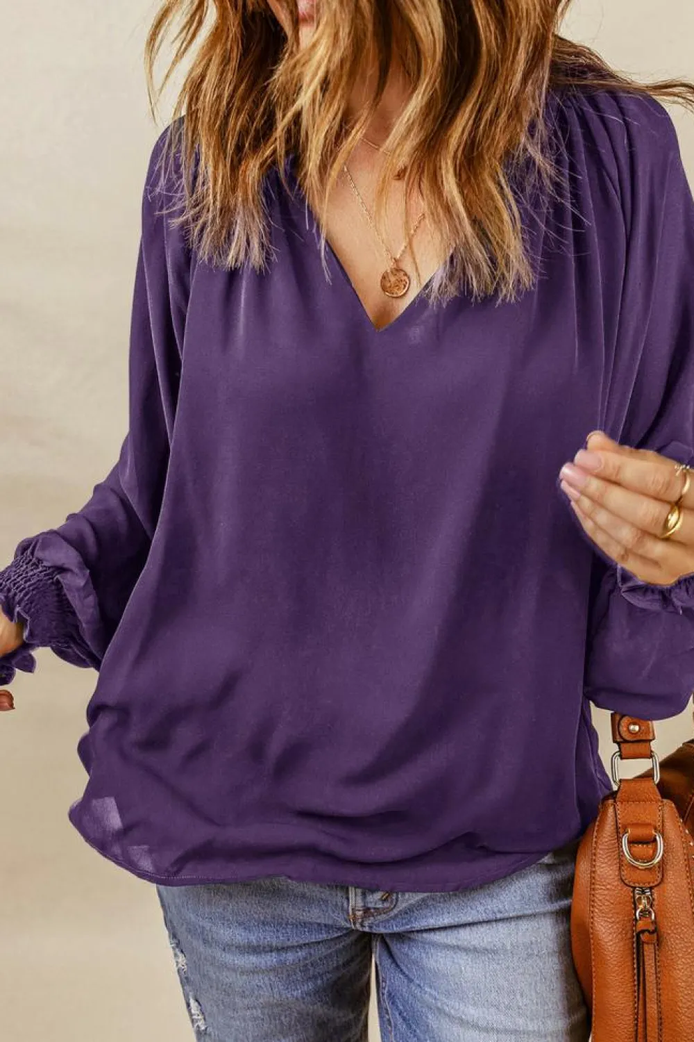 Best Dear-Lover Purple Pleated V Neck Puffy Sleeve Blouse Purple-2
