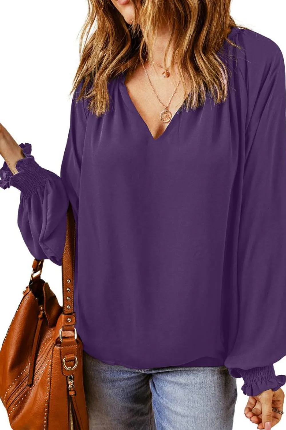 Best Dear-Lover Purple Pleated V Neck Puffy Sleeve Blouse Purple-2