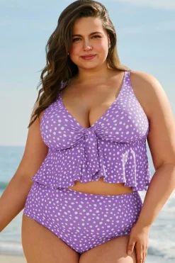 Online Dear-Lover Plus Size Polka Dot Print Ruffled Knotted V Neck Tankini Set Purple