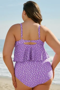 Online Dear-Lover Plus Size Polka Dot Print Ruffled Knotted V Neck Tankini Set Purple