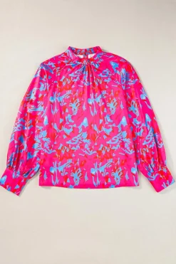 New Dear-Lover Printed Bubble Sleeve Mock Neck Blouse Purple