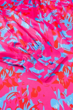 New Dear-Lover Printed Bubble Sleeve Mock Neck Blouse Purple