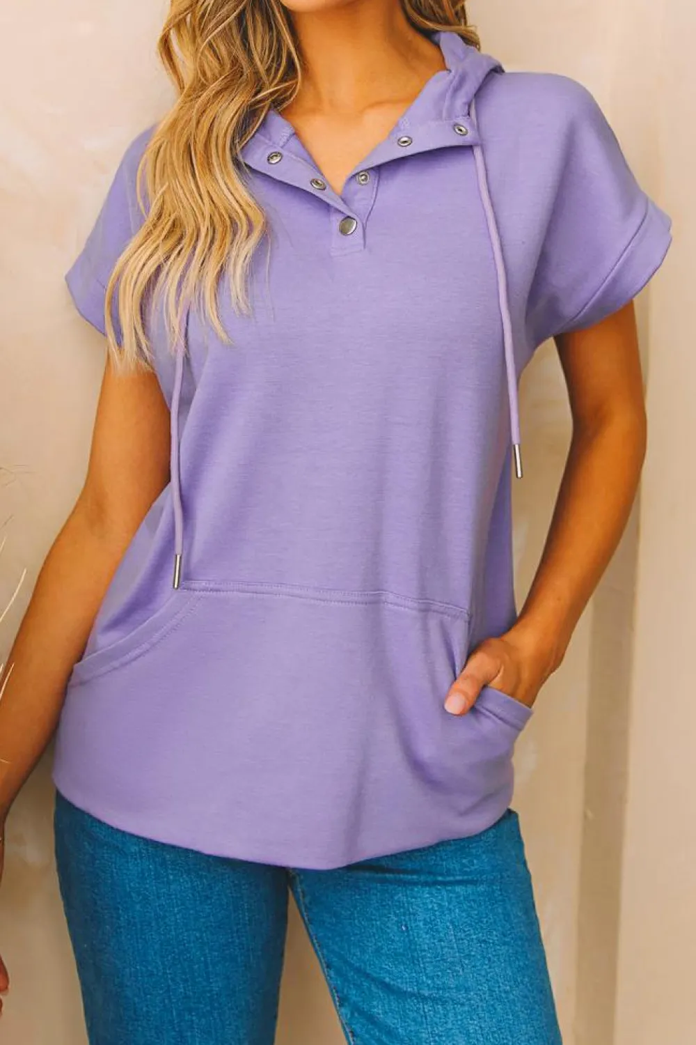 Best Dear-Lover Short Sleeve Buttoned Neck Kangaroo Pocket Hoodie Purple