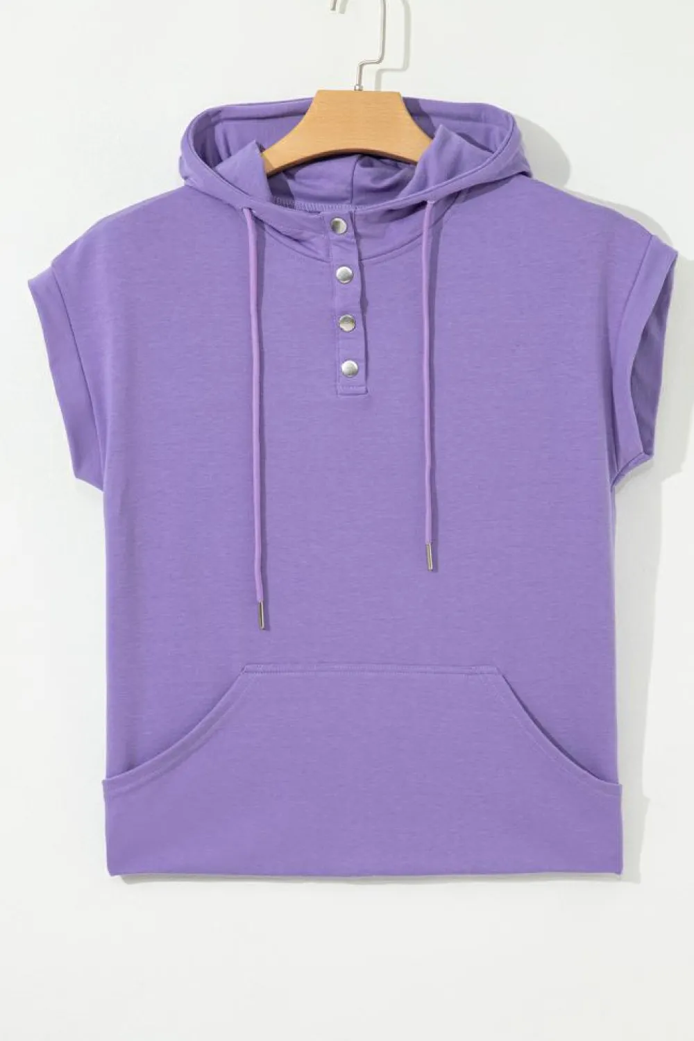 Best Dear-Lover Short Sleeve Buttoned Neck Kangaroo Pocket Hoodie Purple