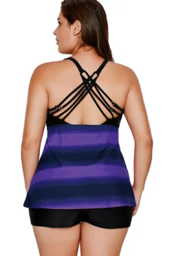 Clearance Dear-Lover Strappy Hollow-out Back Plus Size Tankini Purple