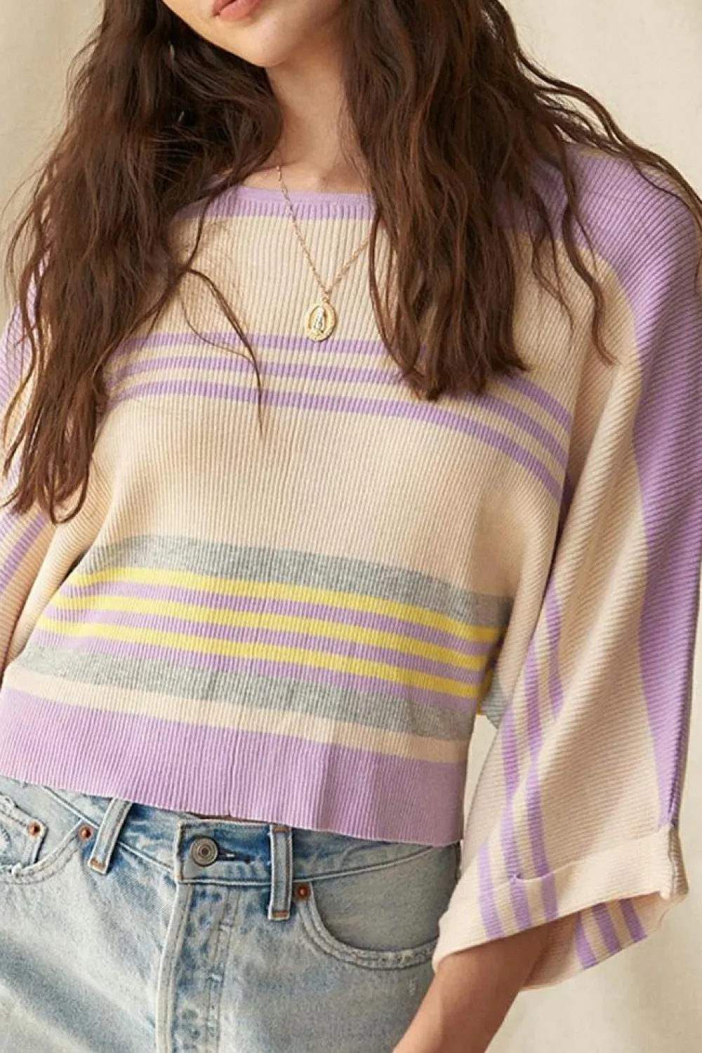 Best Dear-Lover Borderline Rib Knit Cuffed Dolman Sleeve Sweater Purple Stripe