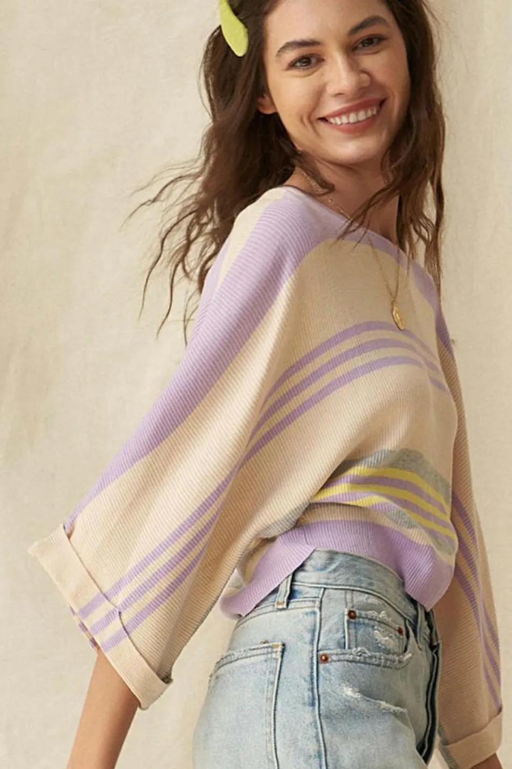 Best Dear-Lover Borderline Rib Knit Cuffed Dolman Sleeve Sweater Purple Stripe