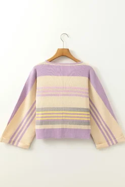 Best Dear-Lover Borderline Rib Knit Cuffed Dolman Sleeve Sweater Purple Stripe