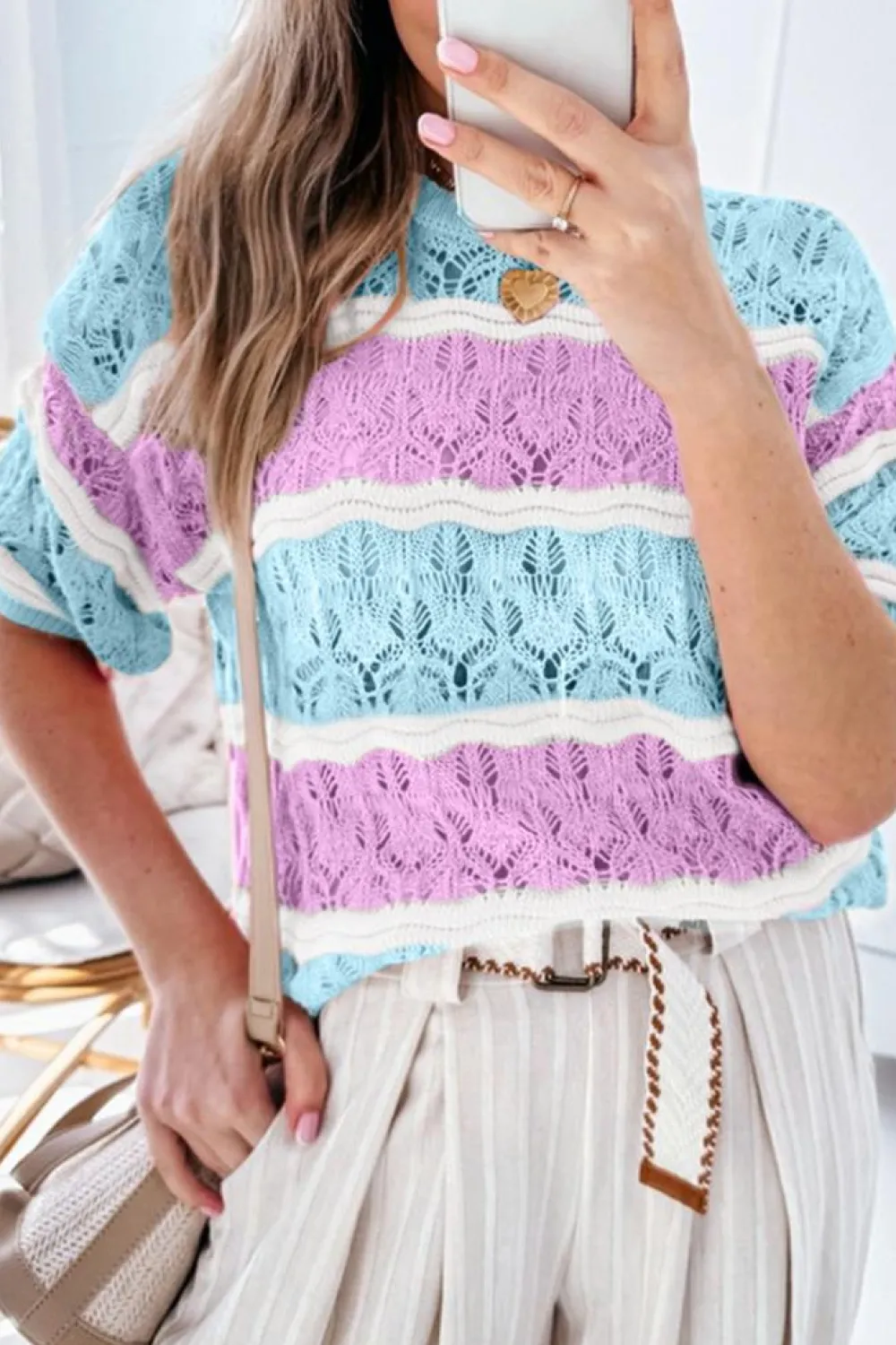 Discount Dear-Lover Color Block Hollow Out Crochet Half Sleeve Sweater Purple Stripe