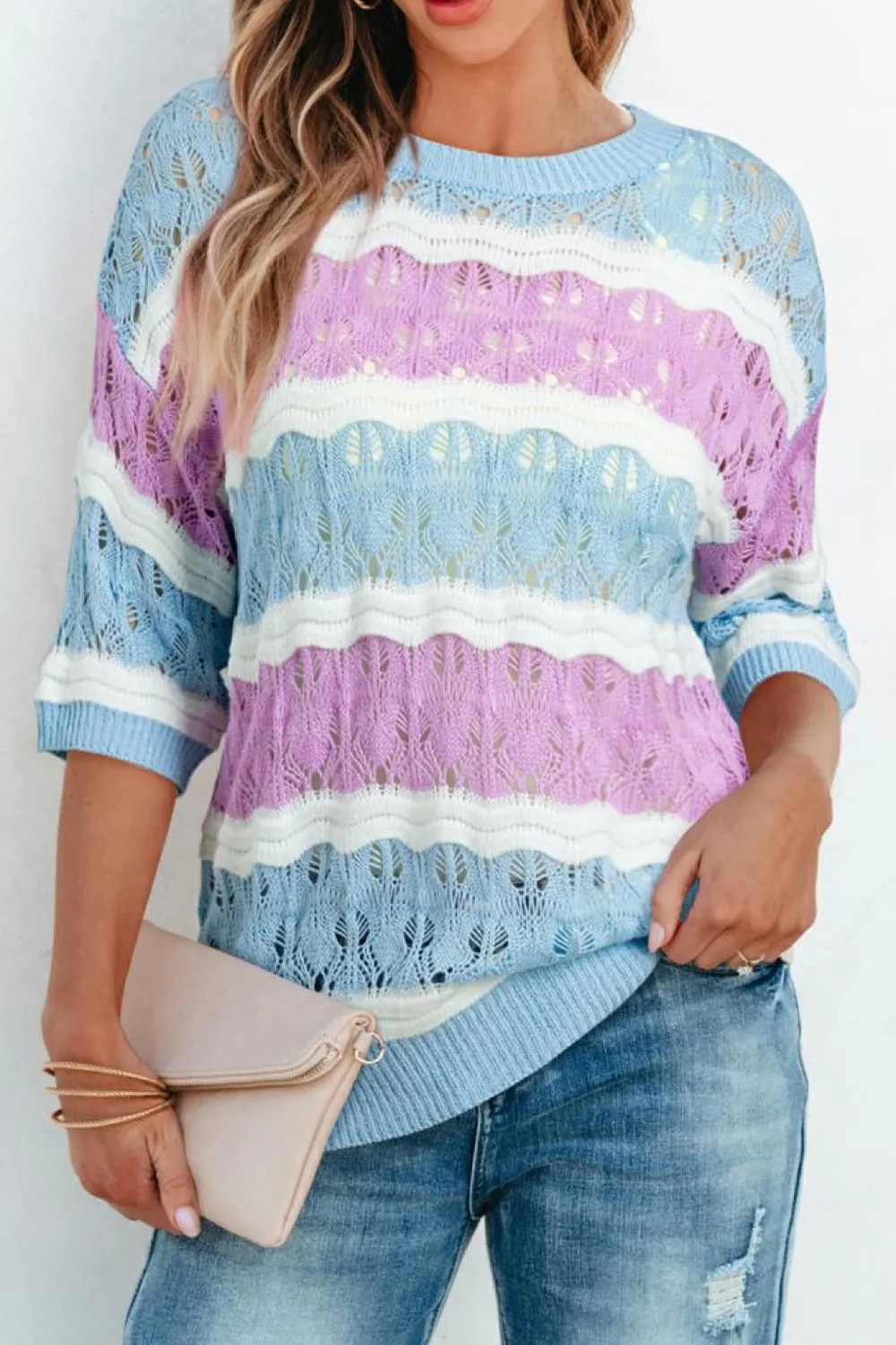 Discount Dear-Lover Color Block Hollow Out Crochet Half Sleeve Sweater Purple Stripe