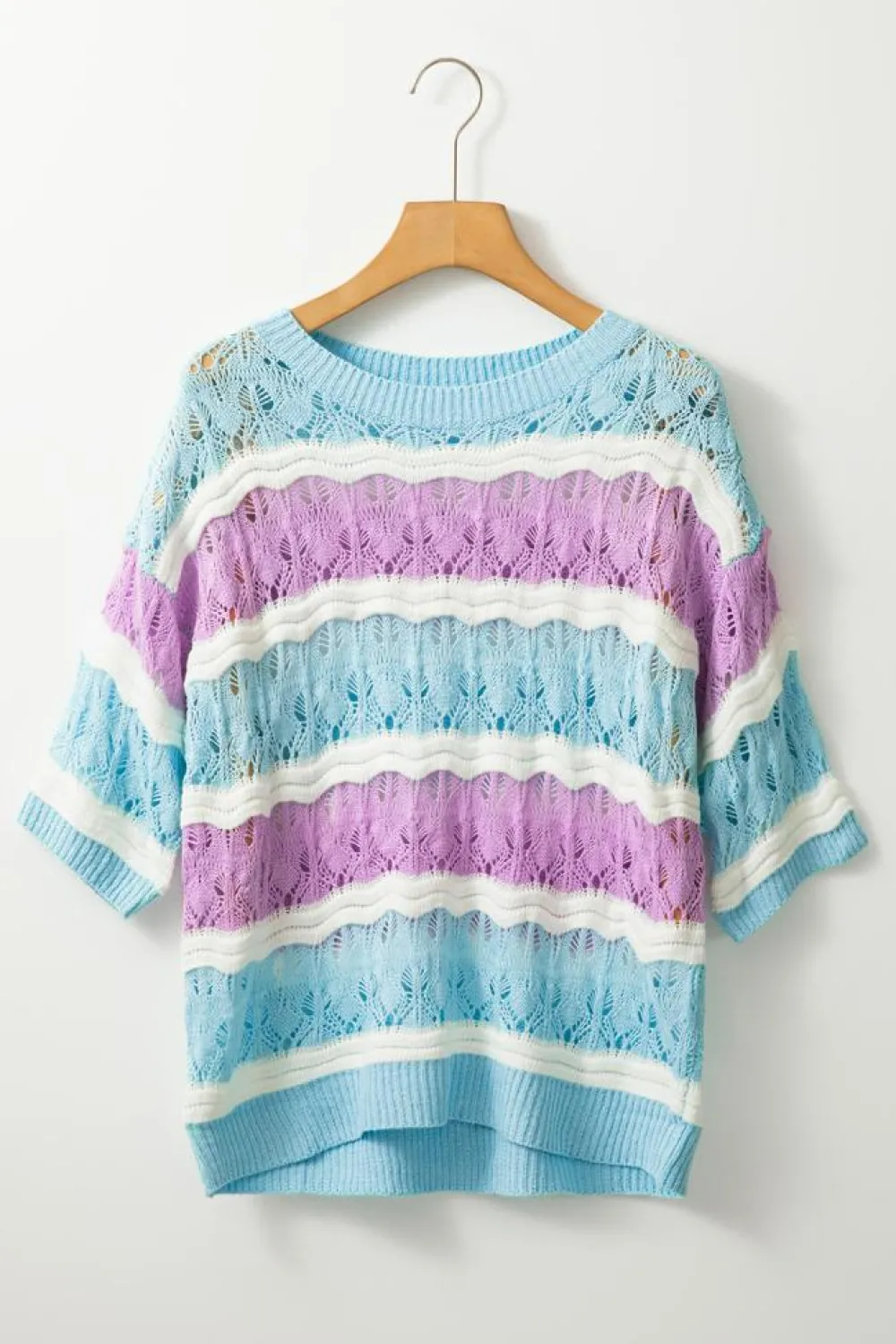 Discount Dear-Lover Color Block Hollow Out Crochet Half Sleeve Sweater Purple Stripe
