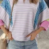 Discount Dear-Lover Floral Color Block Raw Edge Patchwork Bracelet Sleeve Blouse Purple Stripe