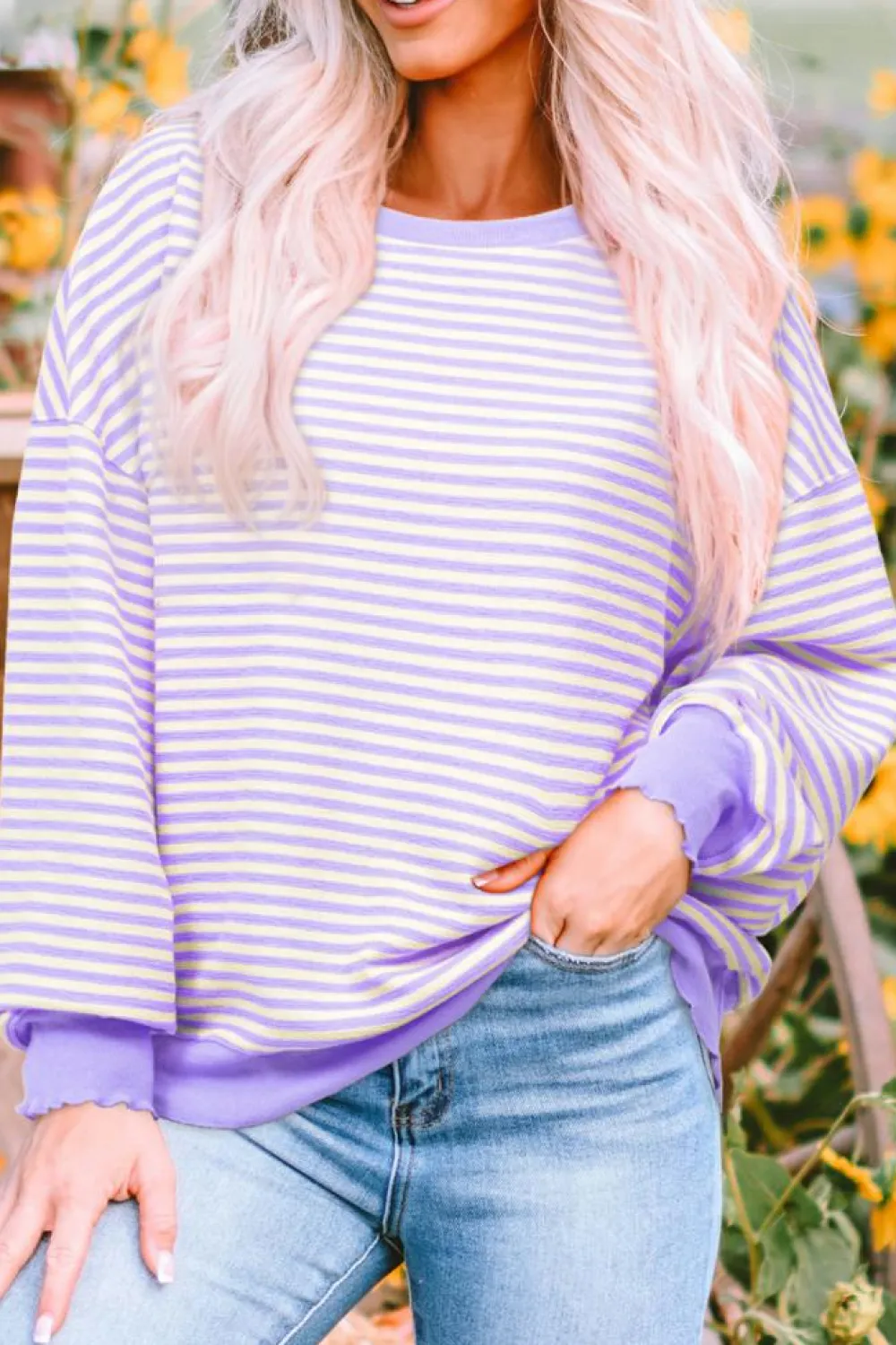 Online Dear-Lover Loose Drop Shoulder Long Sleeve Top Purple Stripe