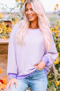 Online Dear-Lover Loose Drop Shoulder Long Sleeve Top Purple Stripe