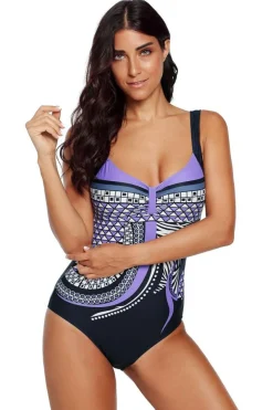 Fashion Dear-Lover Tribal Print One Piece Swimsuit Purple