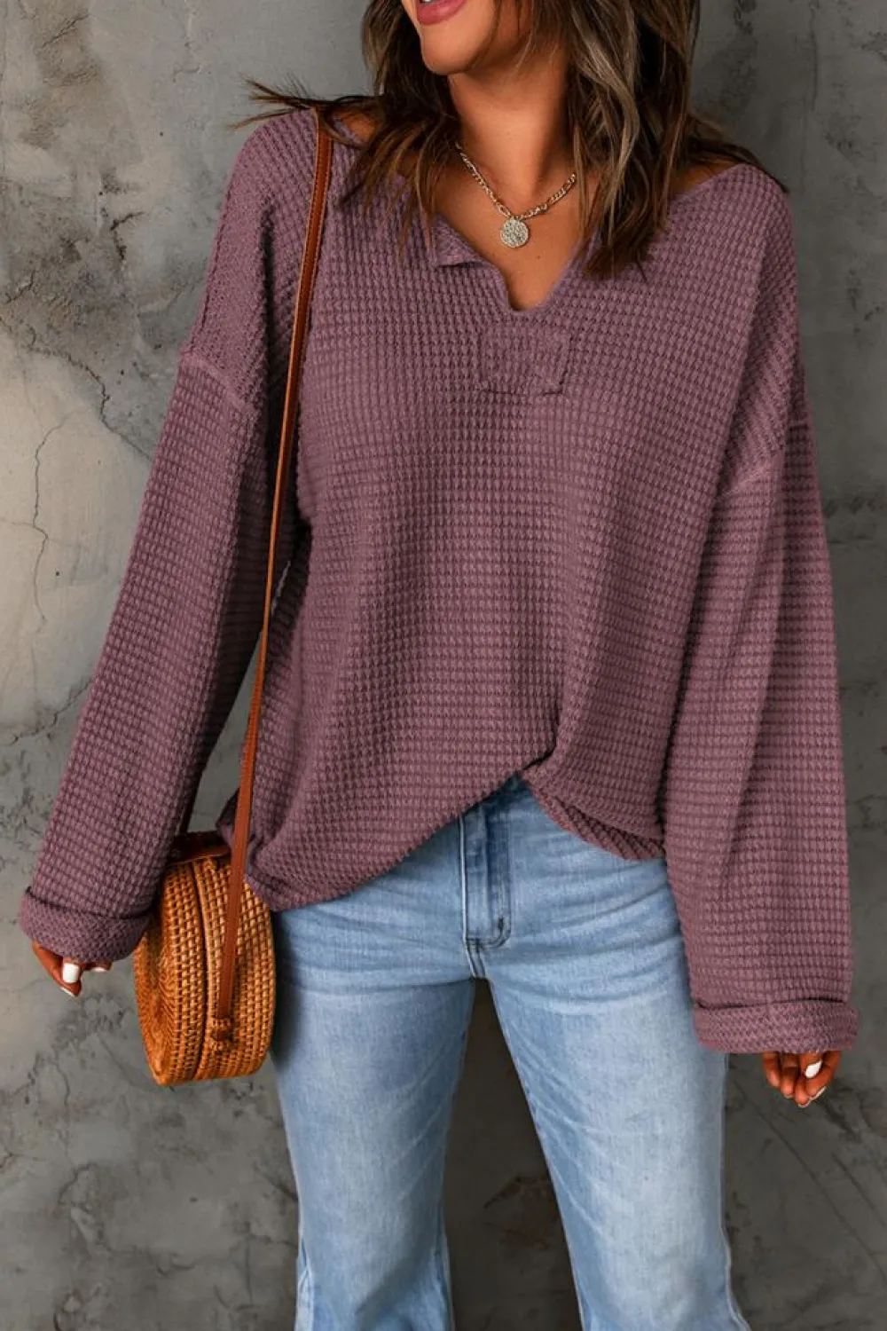 Outlet Dear-Lover Waffle Knit Loose Long Sleeve Top purple
