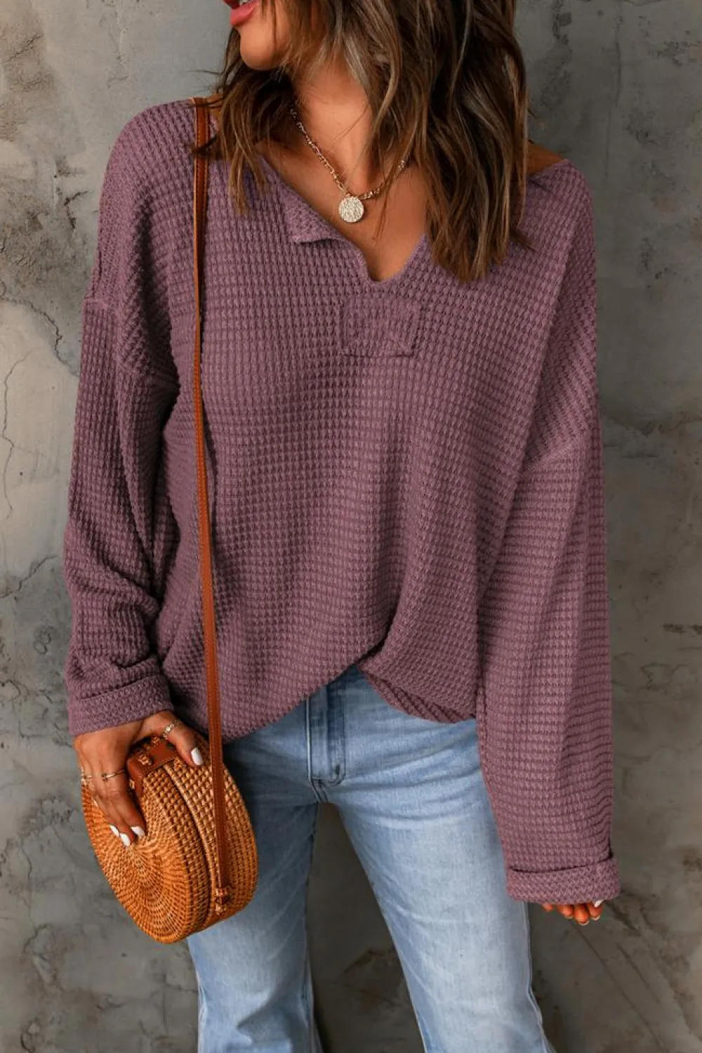 Outlet Dear-Lover Waffle Knit Loose Long Sleeve Top purple