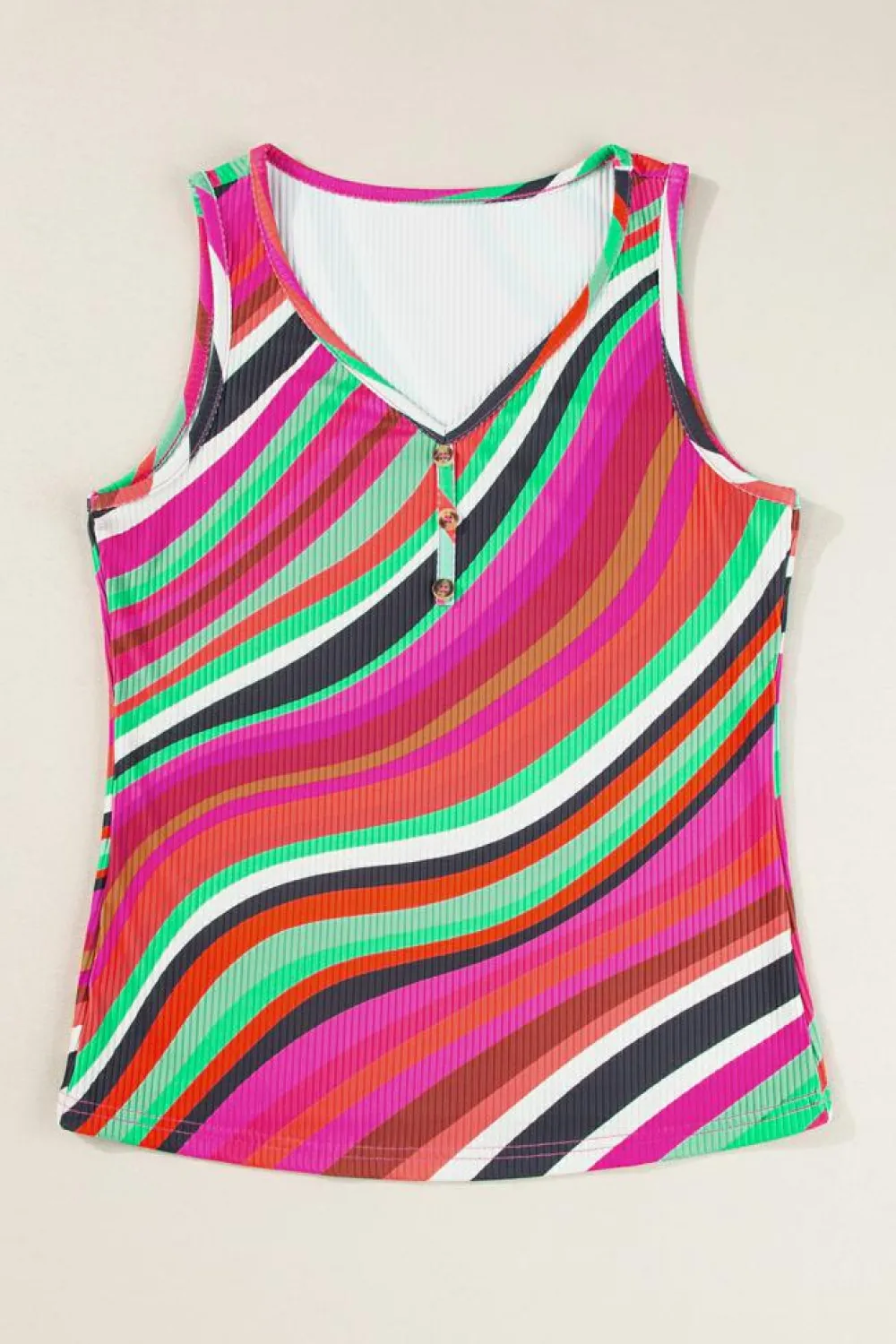 Fashion Dear-Lover Wavy Striped Buttoned V Neck Tank Top Purple