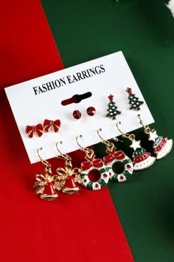 Outlet Dear-Lover 6 Pairs/Set Christmas Tree Wreath Bell Bow Knot Earring Set Racing Red