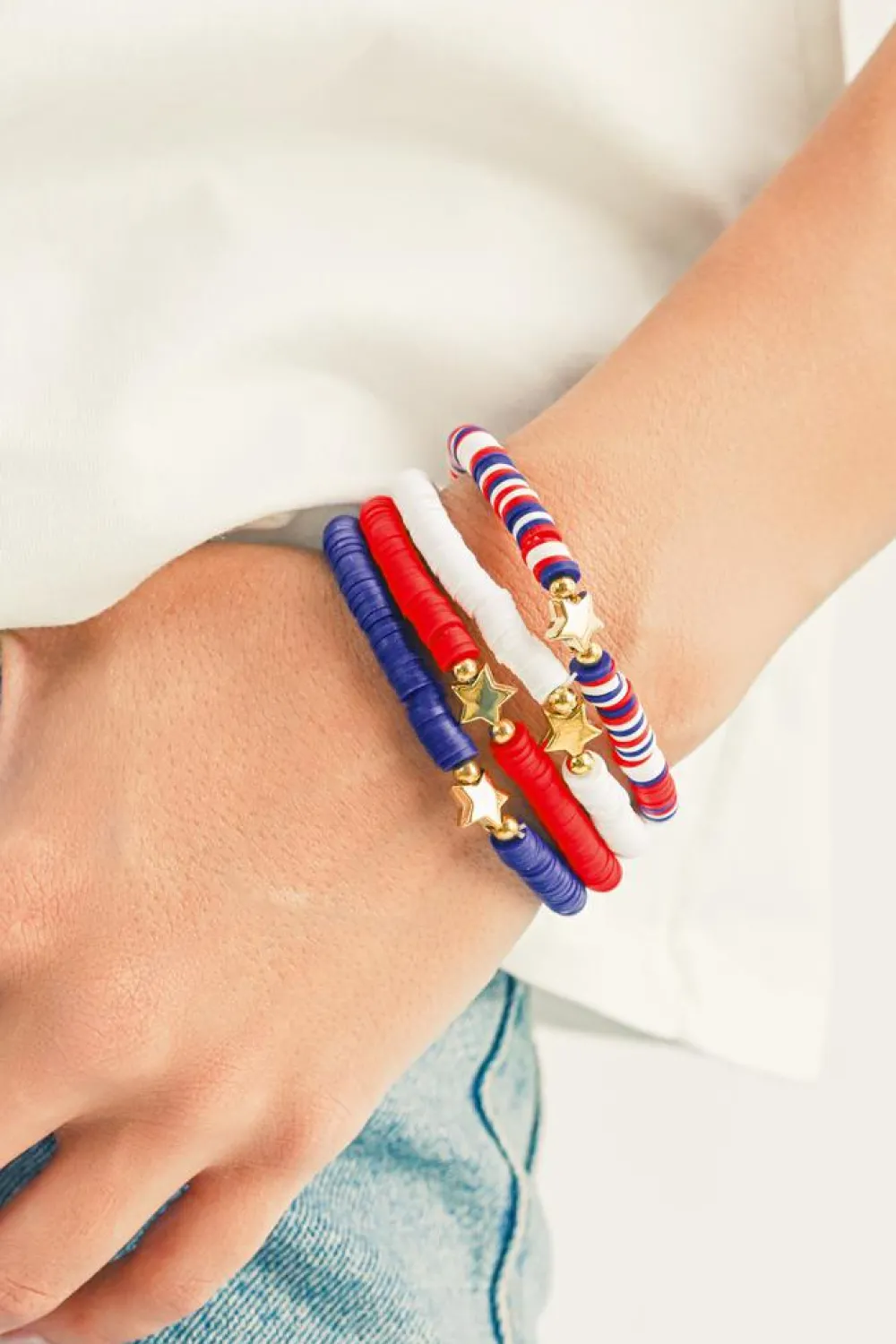 Best Dear-Lover American Flag Theme Star Beaded Layered Bracelet Racing Red