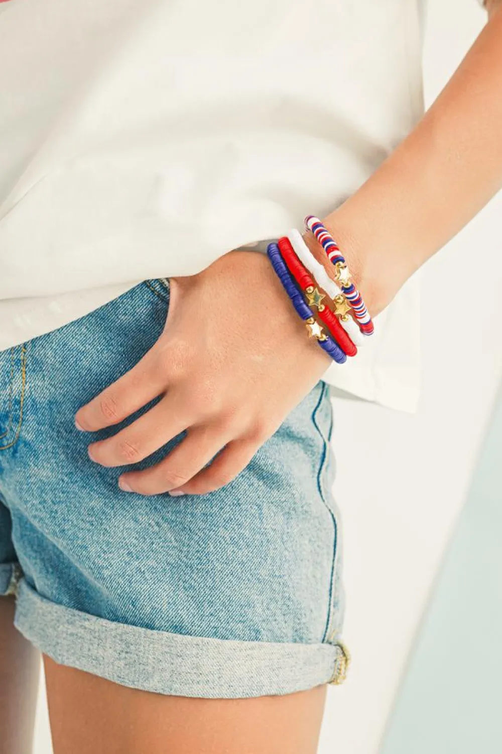 Best Dear-Lover American Flag Theme Star Beaded Layered Bracelet Racing Red
