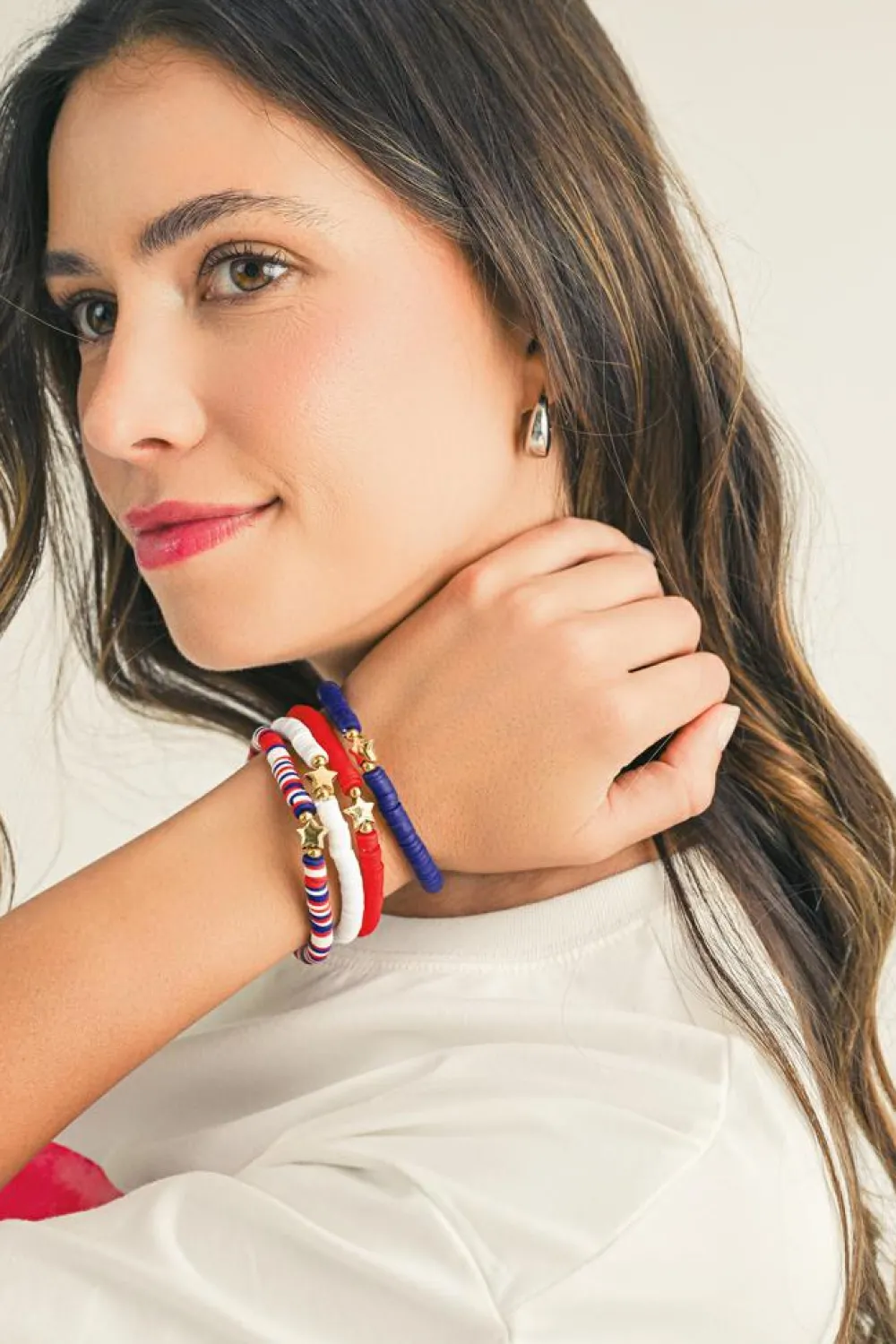 Best Dear-Lover American Flag Theme Star Beaded Layered Bracelet Racing Red