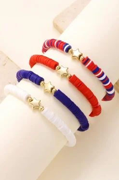 Best Dear-Lover American Flag Theme Star Beaded Layered Bracelet Racing Red