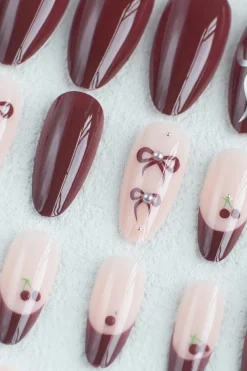 Online Dear-Lover Bow Cherry Pearled Almond Shape Nail Stickers with Jelly Glue Racing Red