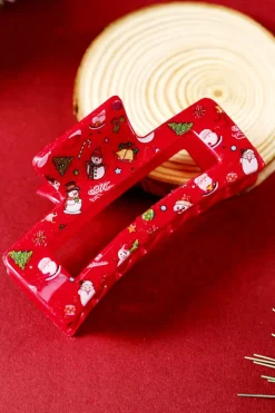Fashion Dear-Lover Cartoon Christmas Pattern Print Hollow Out Hair Clip Racing Red