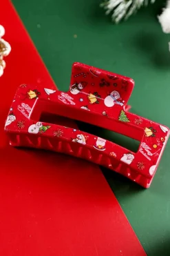 Fashion Dear-Lover Cartoon Christmas Pattern Print Hollow Out Hair Clip Racing Red